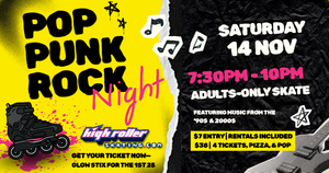 ADULTS-ONLY POP-PUNK-ROCK MUSIC NIGHT 7:30pm-10pm @ High Roller Skating Center of La Crosse